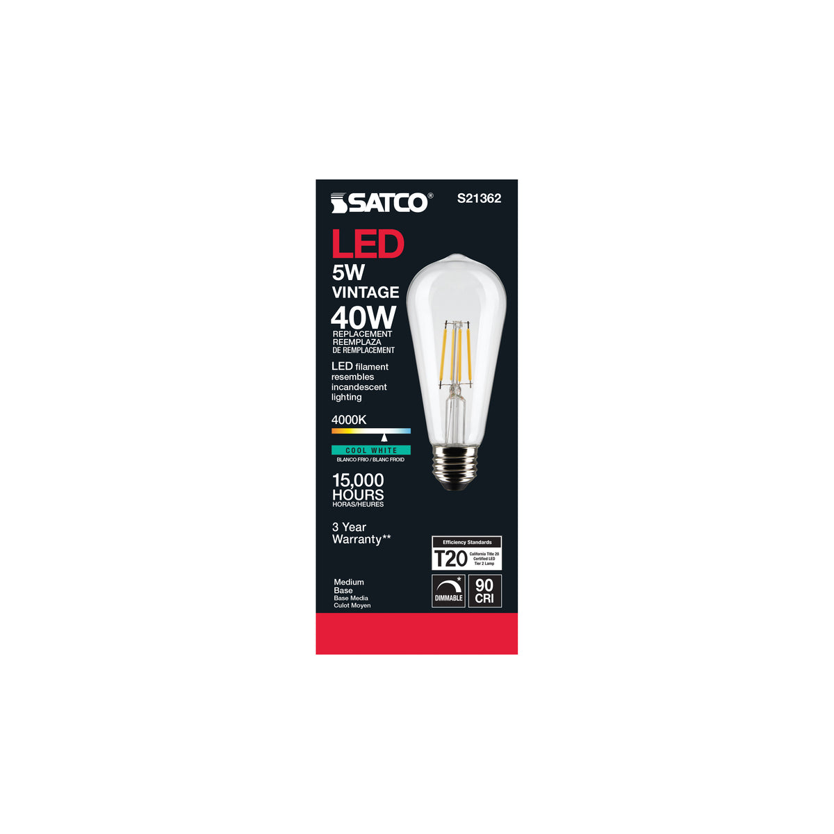 5 Watt ST19 LED Filament - Clear - Medium base - 90 CRI - 4000K - 120 Volt