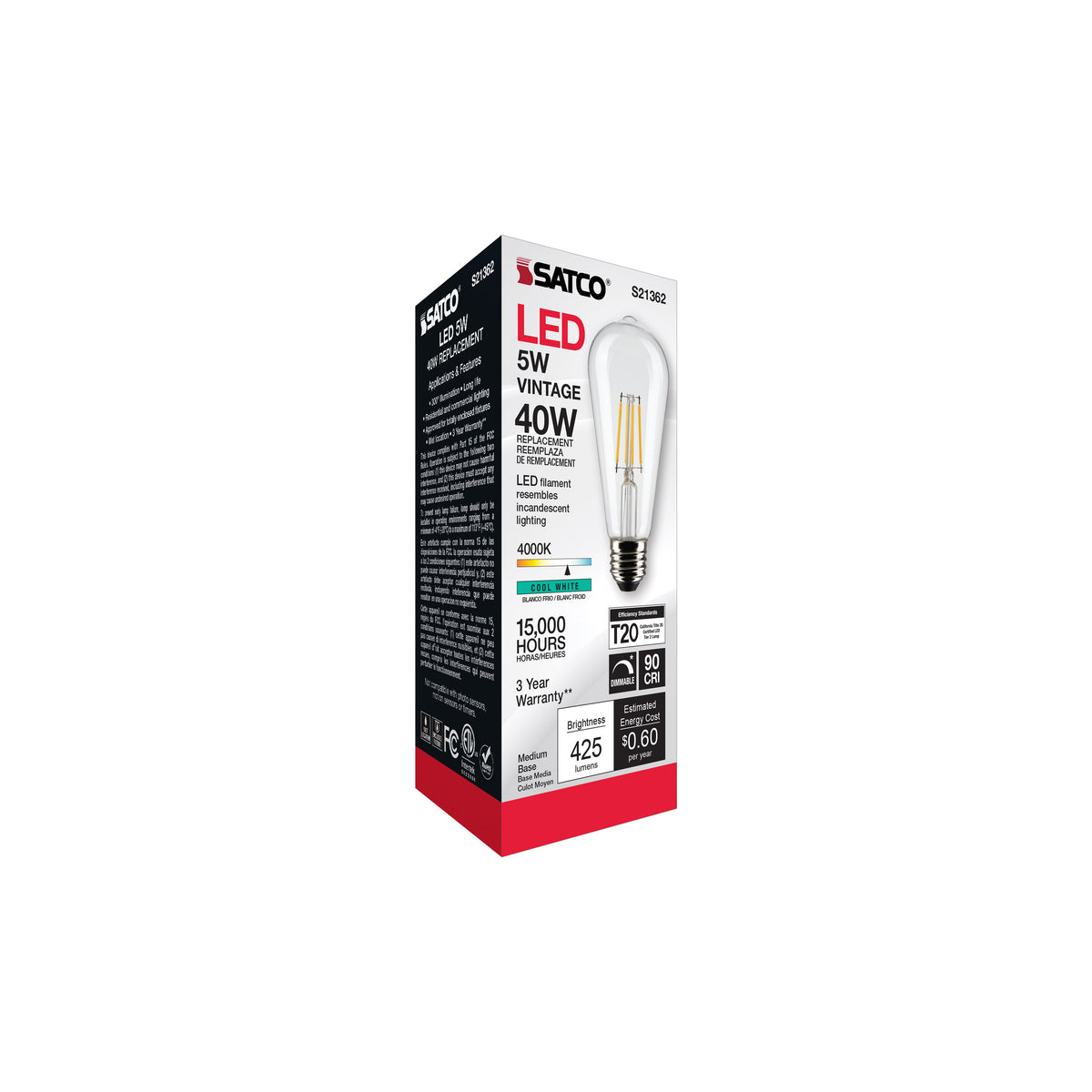 5 Watt ST19 LED Filament - Clear - Medium base - 90 CRI - 4000K - 120 Volt