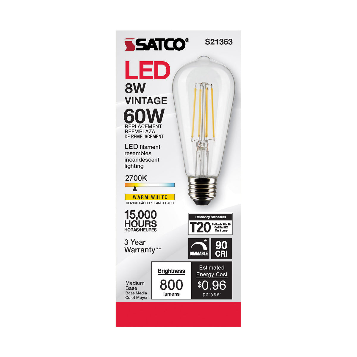 8 Watt ST19 LED Filament - Clear - Medium base - 90 CRI - 2700K - 120 Volt