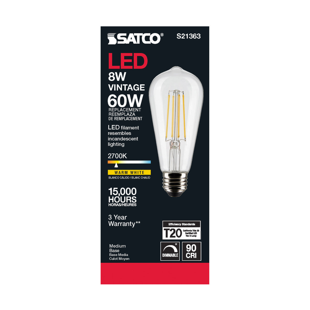 8 Watt ST19 LED Filament - Clear - Medium base - 90 CRI - 2700K - 120 Volt