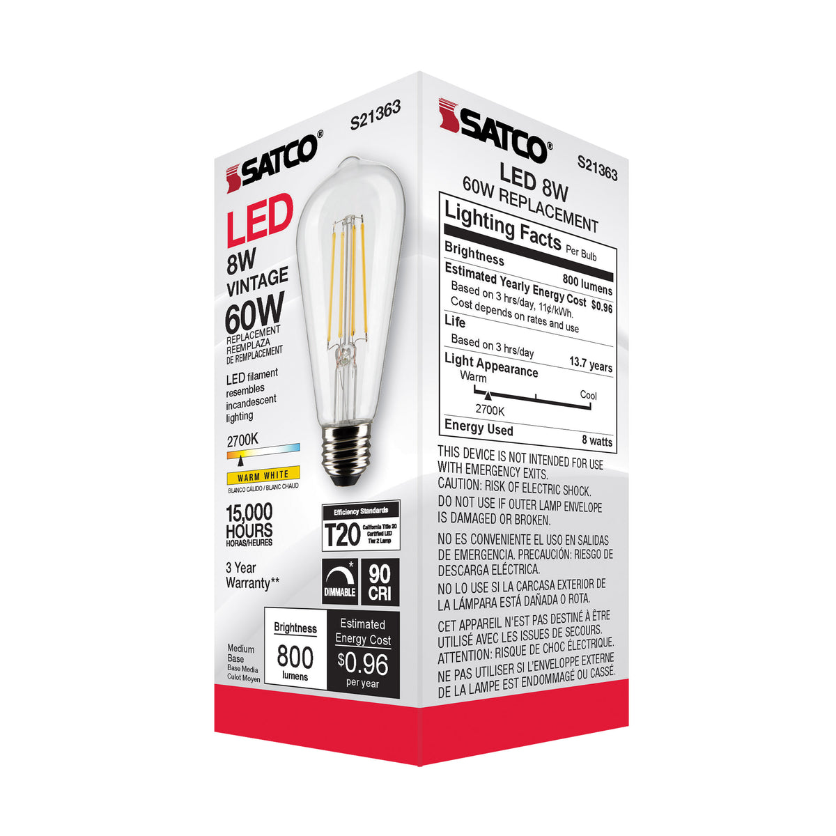 8 Watt ST19 LED Filament - Clear - Medium base - 90 CRI - 2700K - 120 Volt