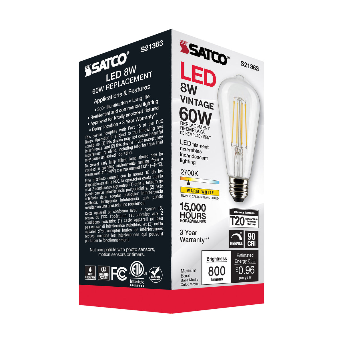 8 Watt ST19 LED Filament - Clear - Medium base - 90 CRI - 2700K - 120 Volt