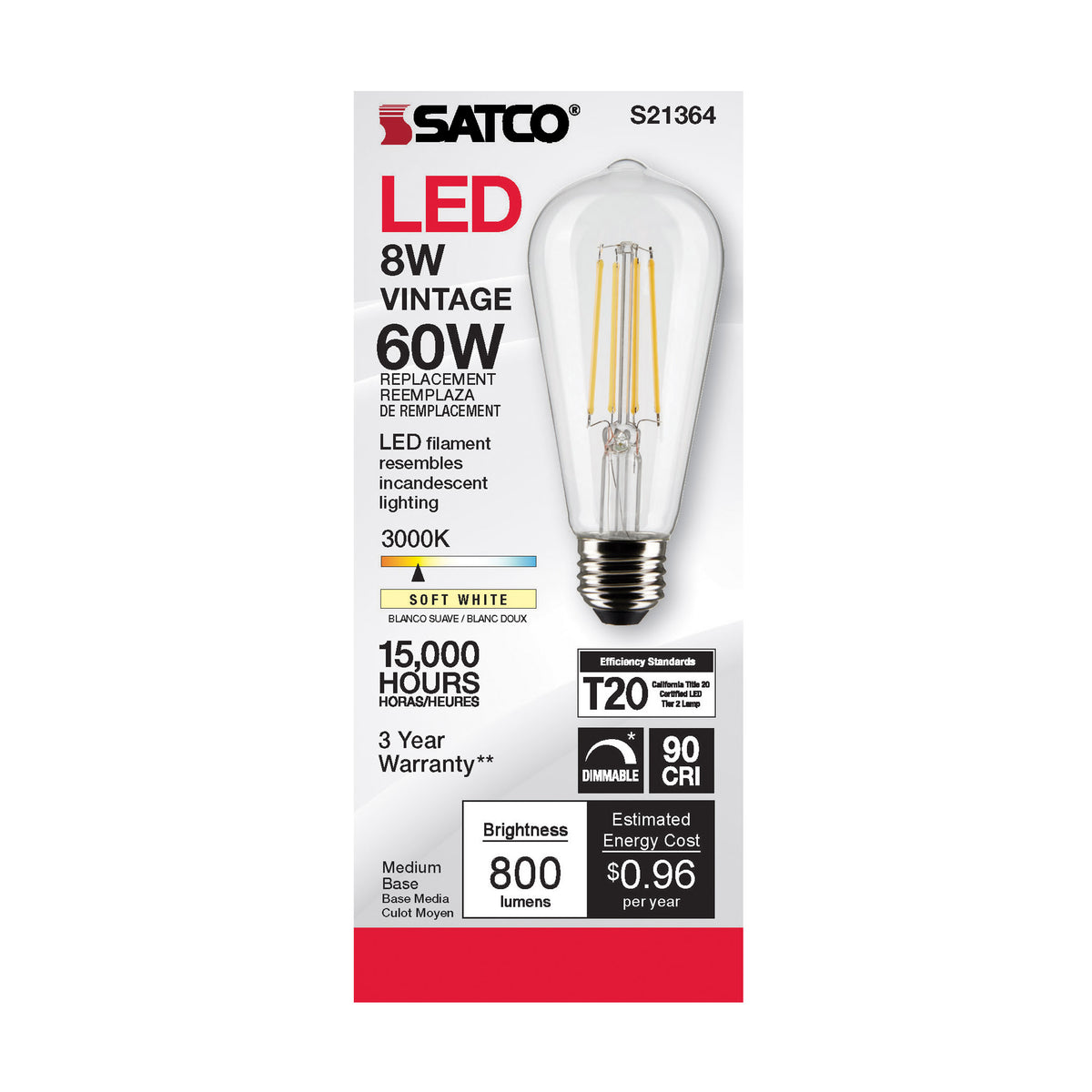8 Watt ST19 LED Filament - Clear - Medium base - 90 CRI - 3000K - 120 Volt