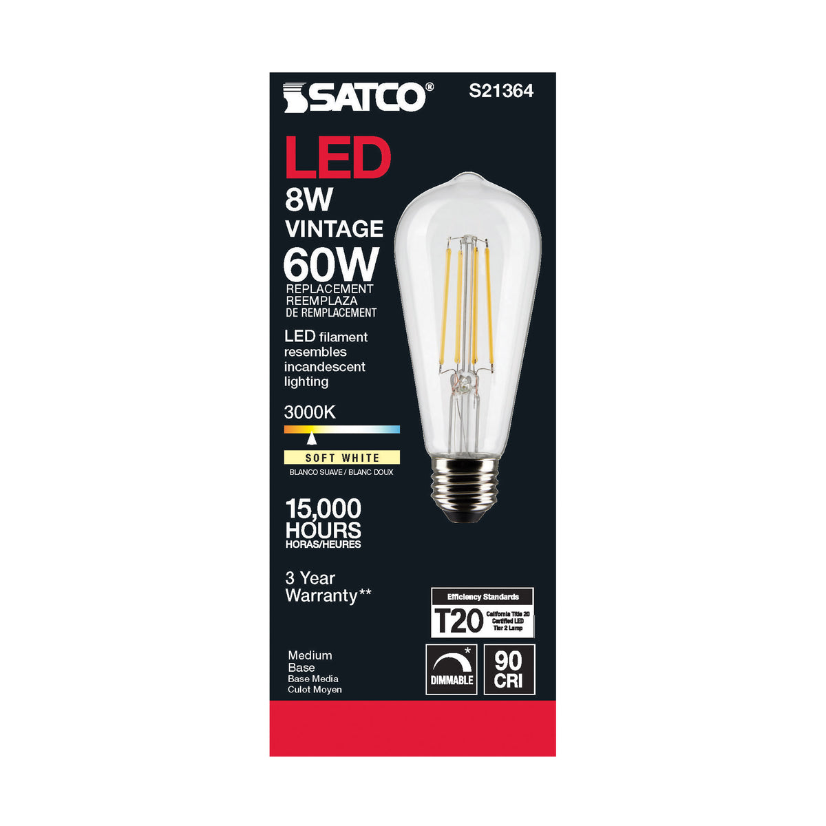 8 Watt ST19 LED Filament - Clear - Medium base - 90 CRI - 3000K - 120 Volt