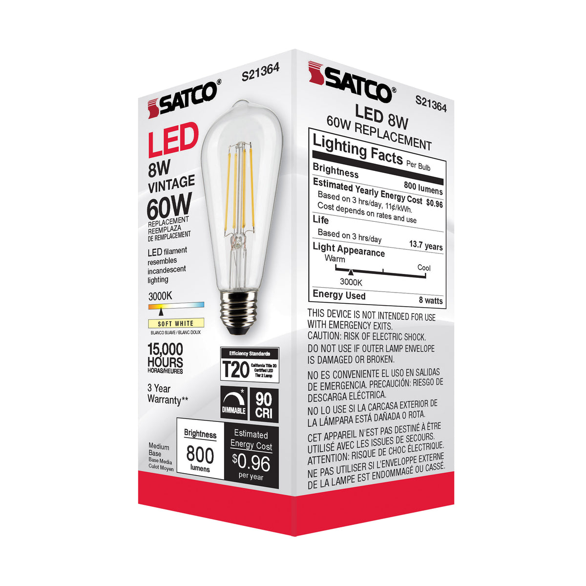 8 Watt ST19 LED Filament - Clear - Medium base - 90 CRI - 3000K - 120 Volt