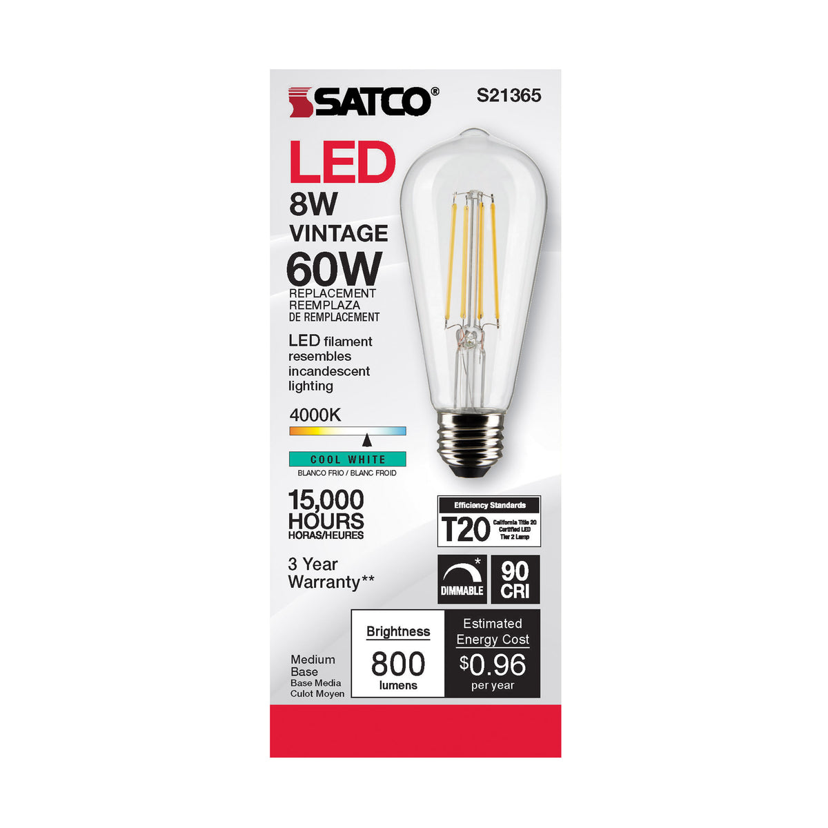 8 Watt ST19 LED Filament - Clear - Medium base - 90 CRI - 4000K - 120 Volt