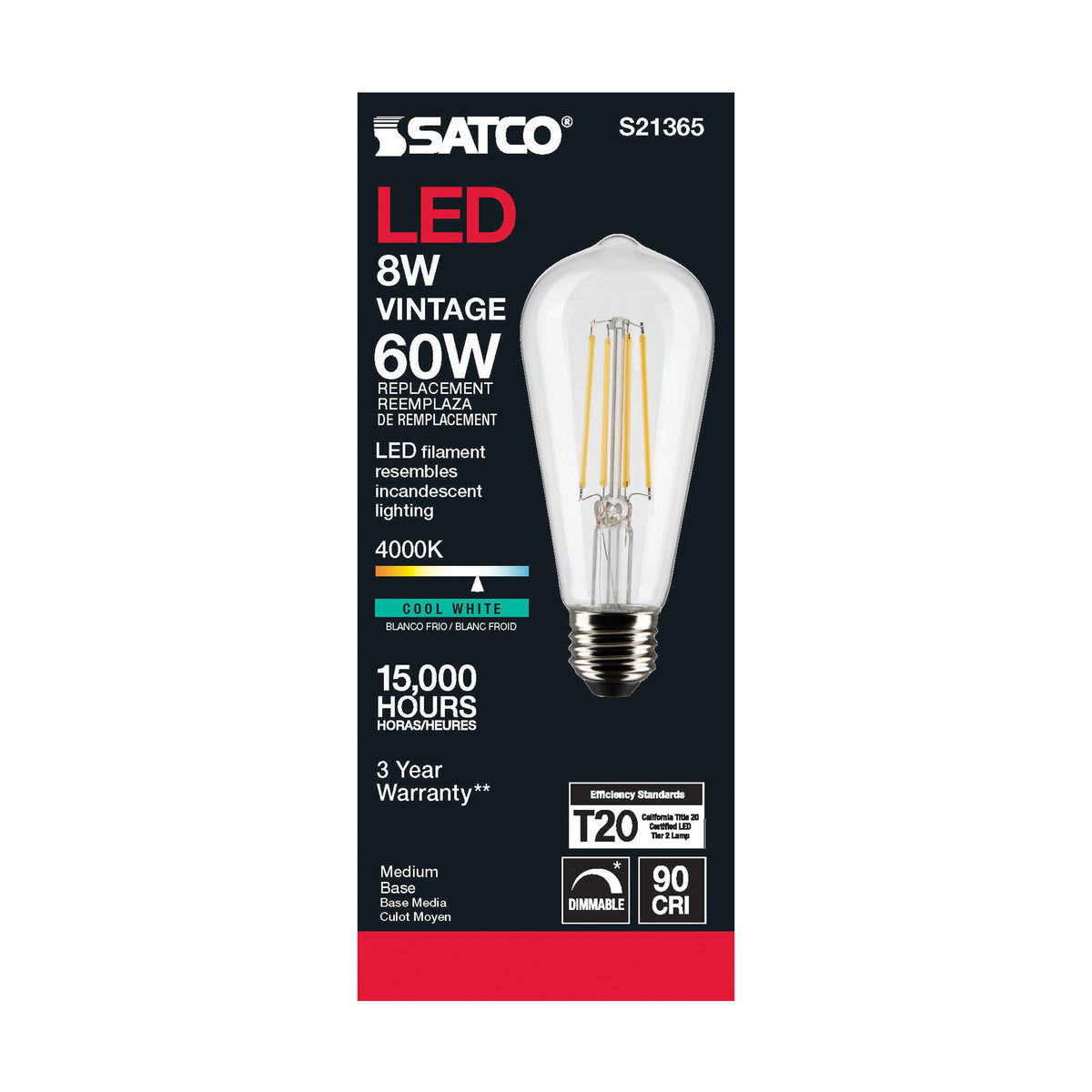 8 Watt ST19 LED Filament - Clear - Medium base - 90 CRI - 4000K - 120 Volt