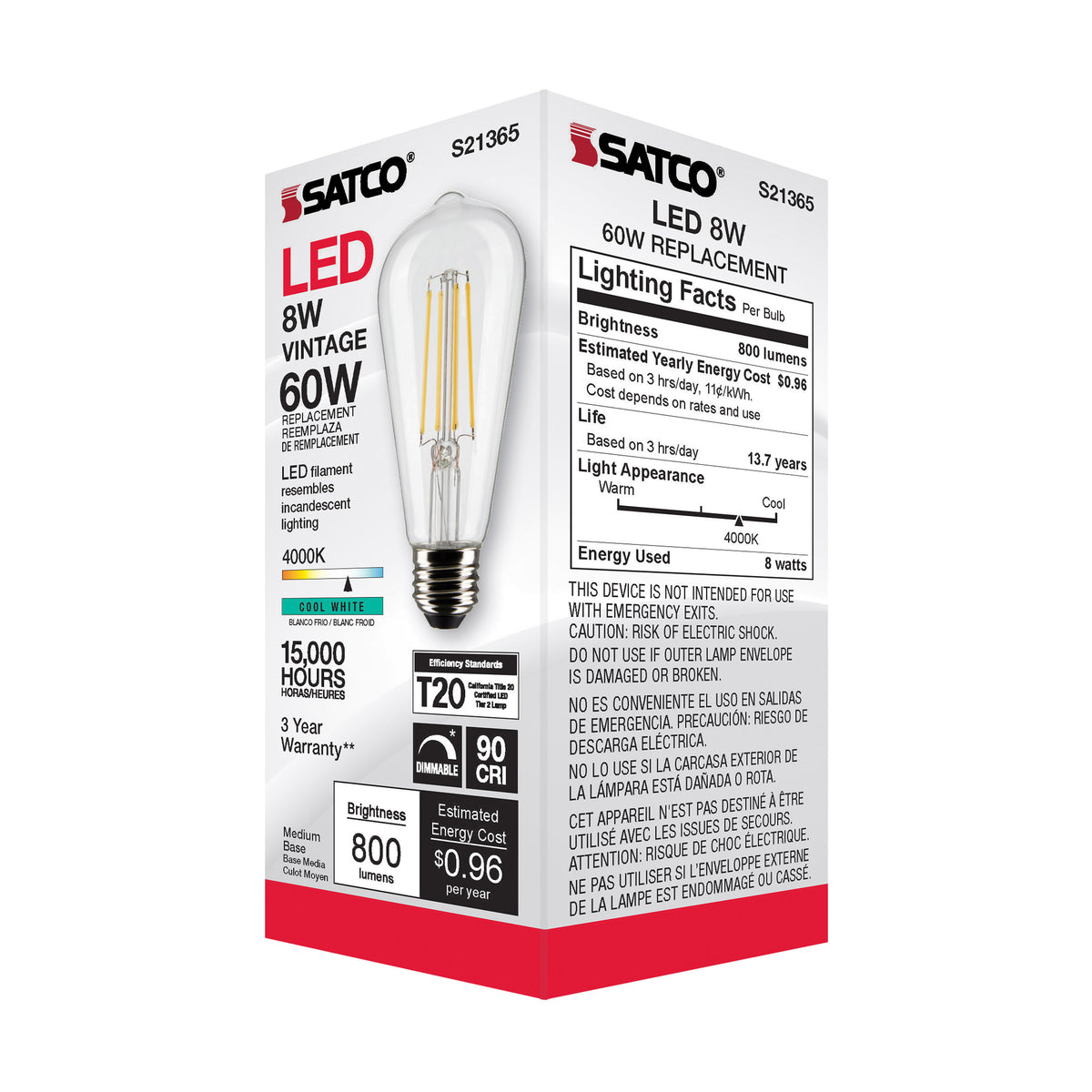 8 Watt ST19 LED Filament - Clear - Medium base - 90 CRI - 4000K - 120 Volt