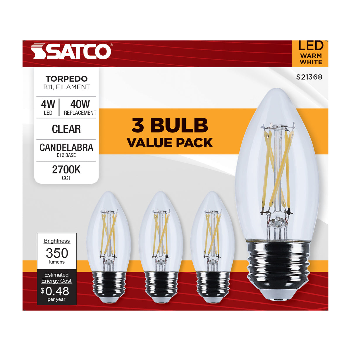 4 Watt B11 LED Filament - Clear - Medium base - 90 CRI - 2700K - 120 Volt - 3-Pack