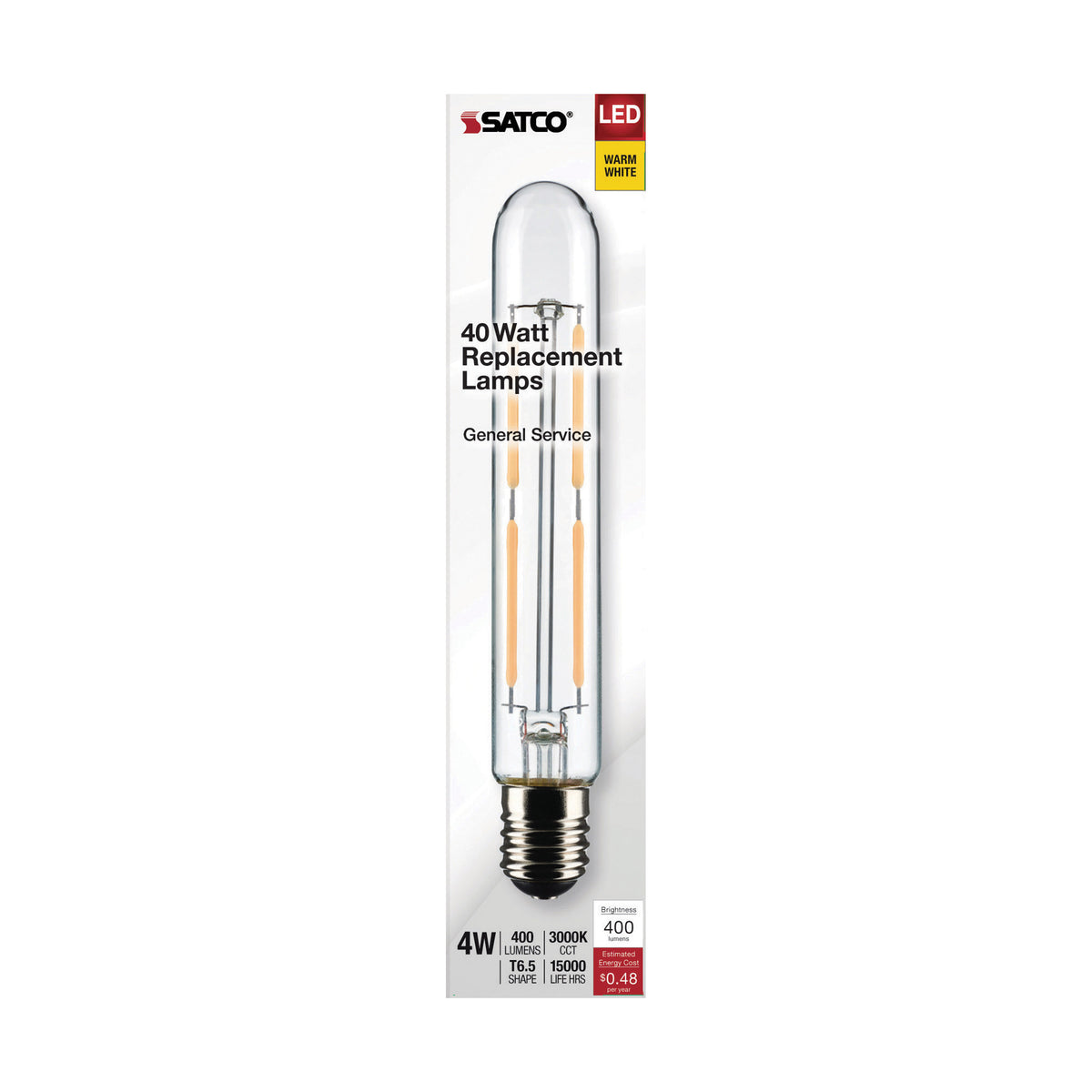 4 Watt T6.5 LED Filament - Clear - Intermediate Base - 3000K - 400 Lumens - 120 Volt