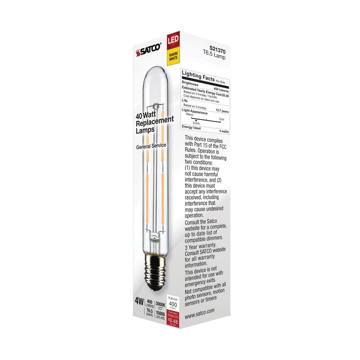 4 Watt T6.5 LED Filament - Clear - Intermediate Base - 3000K - 400 Lumens - 120 Volt