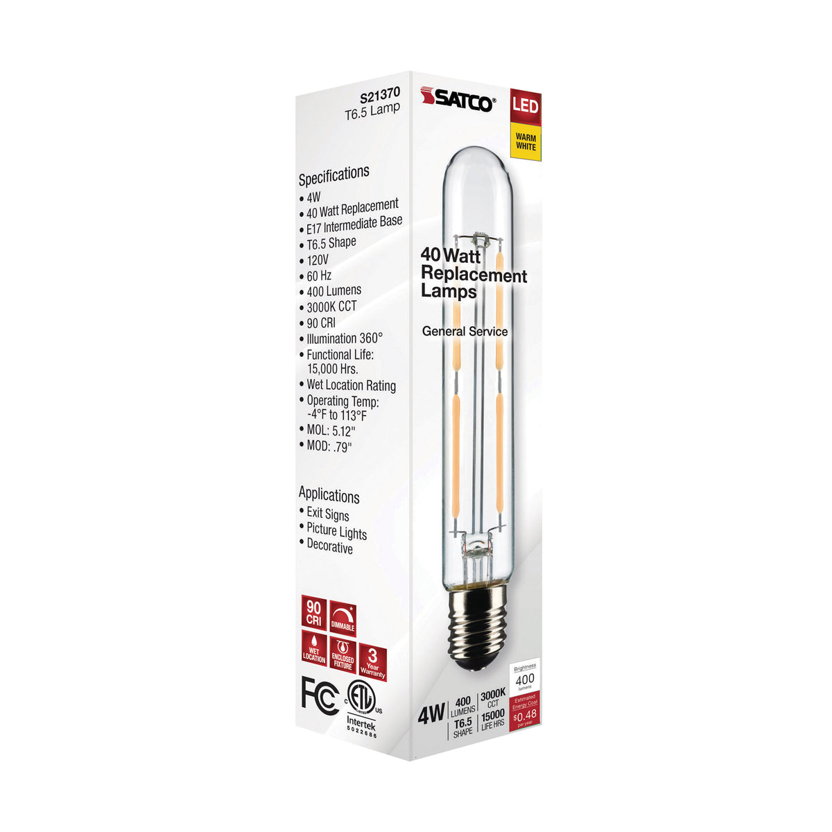 4 Watt T6.5 LED Filament - Clear - Intermediate Base - 3000K - 400 Lumens - 120 Volt
