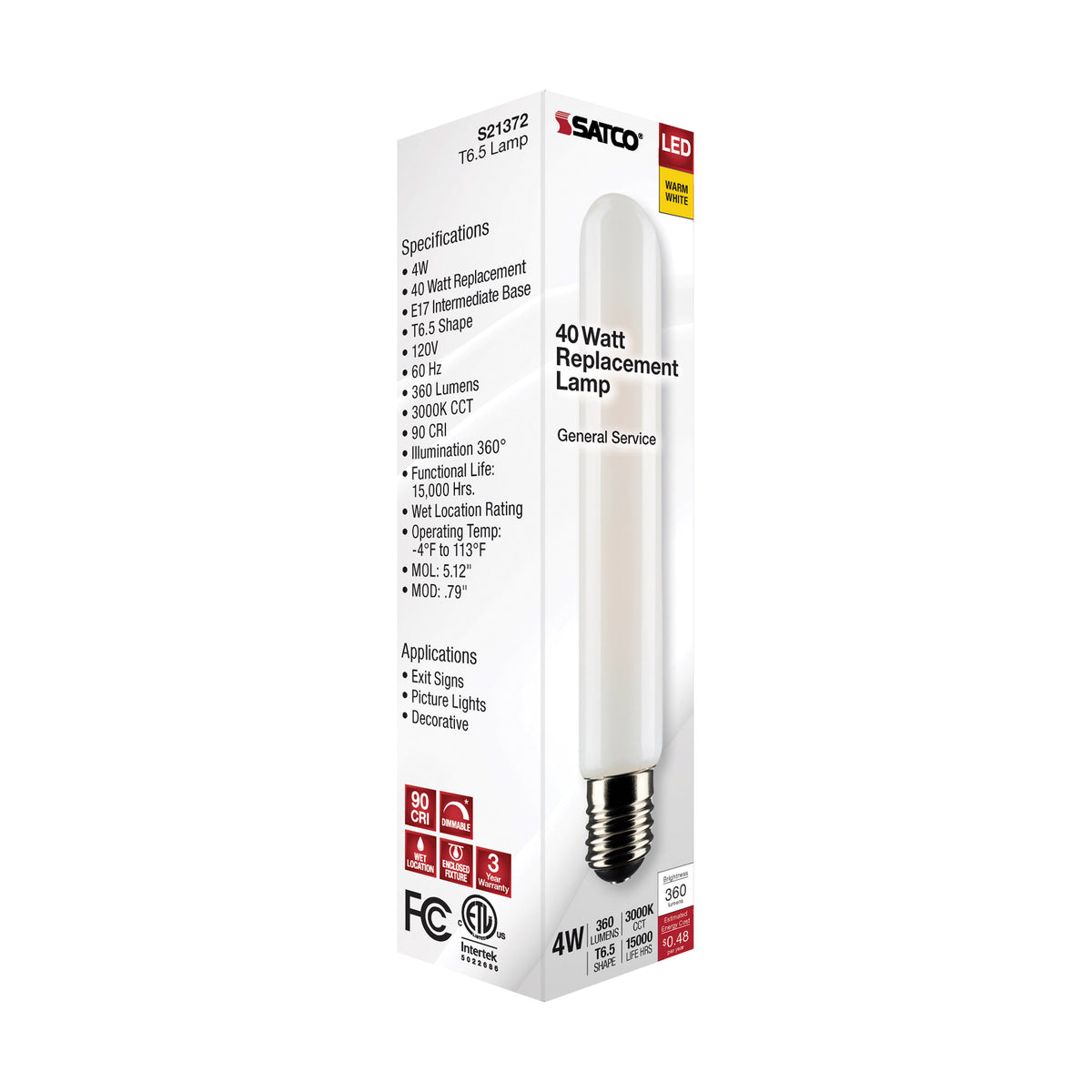 4 Watt T6.5 LED Filament - Frosted - Intermediate Base - 3000K - 360 Lumens - 120 Volt