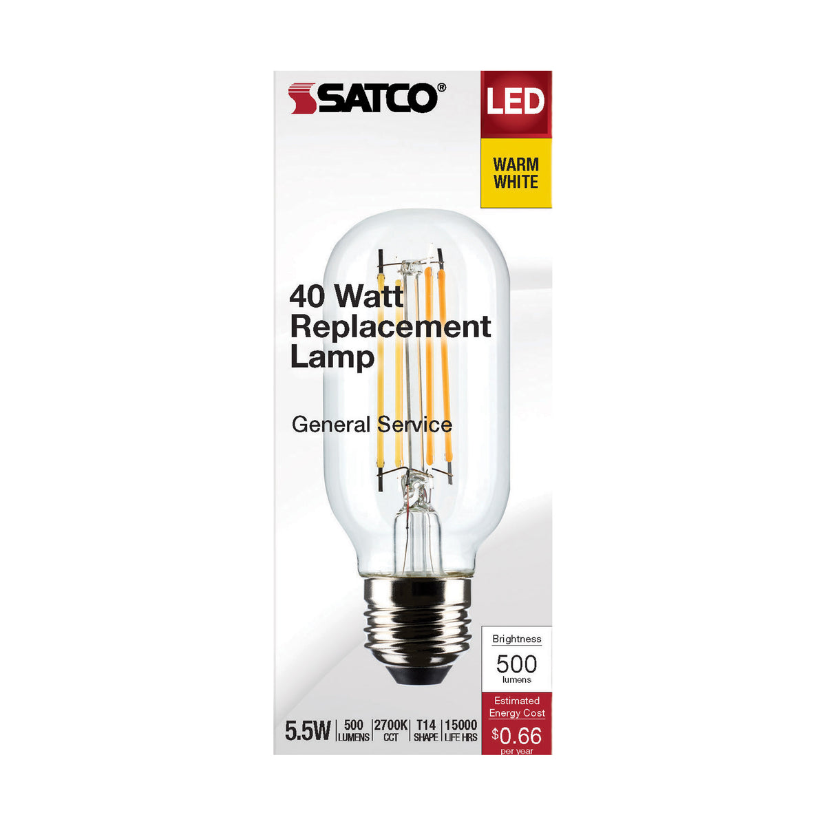 5.5 Watt T14 LED Filament - Clear - Medium Base - 2700K - 500 Lumens - 120 Volt