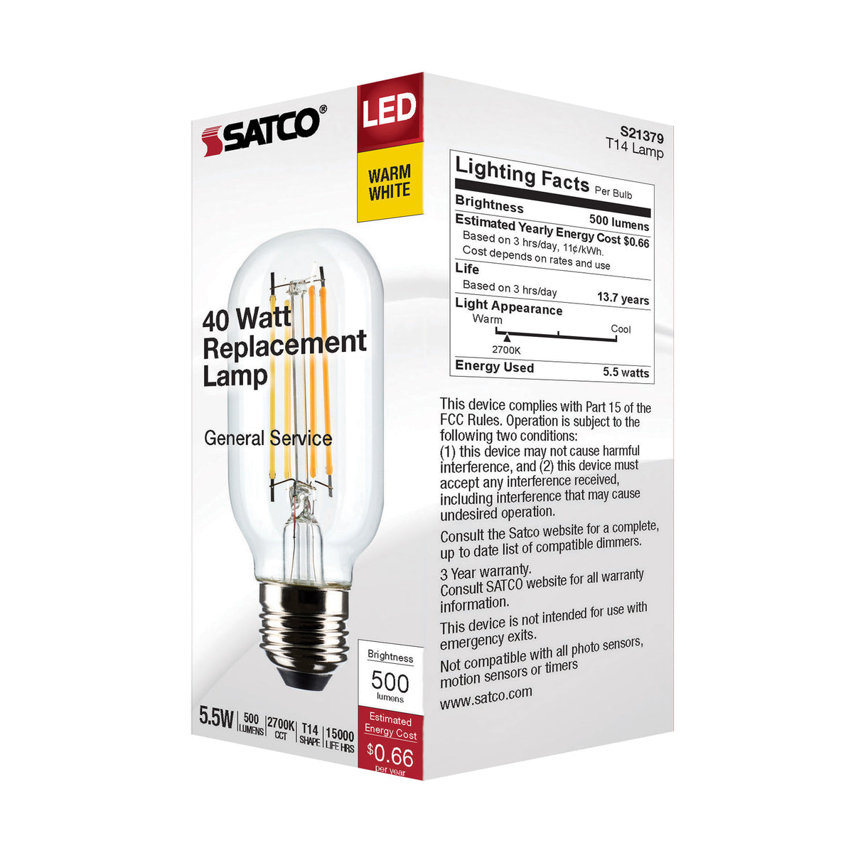 5.5 Watt T14 LED Filament - Clear - Medium Base - 2700K - 500 Lumens - 120 Volt