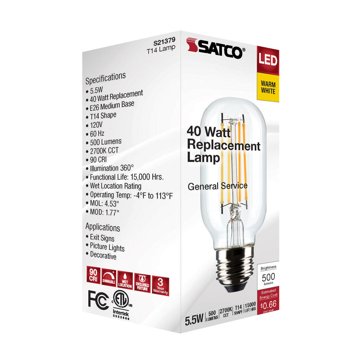 5.5 Watt T14 LED Filament - Clear - Medium Base - 2700K - 500 Lumens - 120 Volt