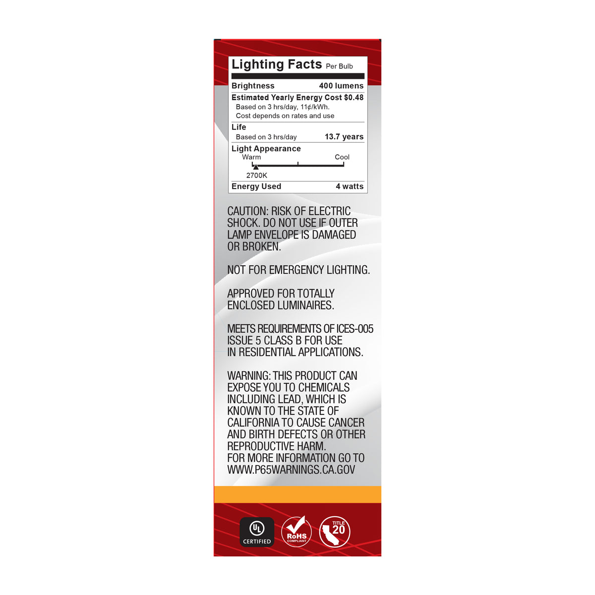 4 Watt T6 LED - 2700K CCT - Candelabra Base - Dimmable - 120 Volt