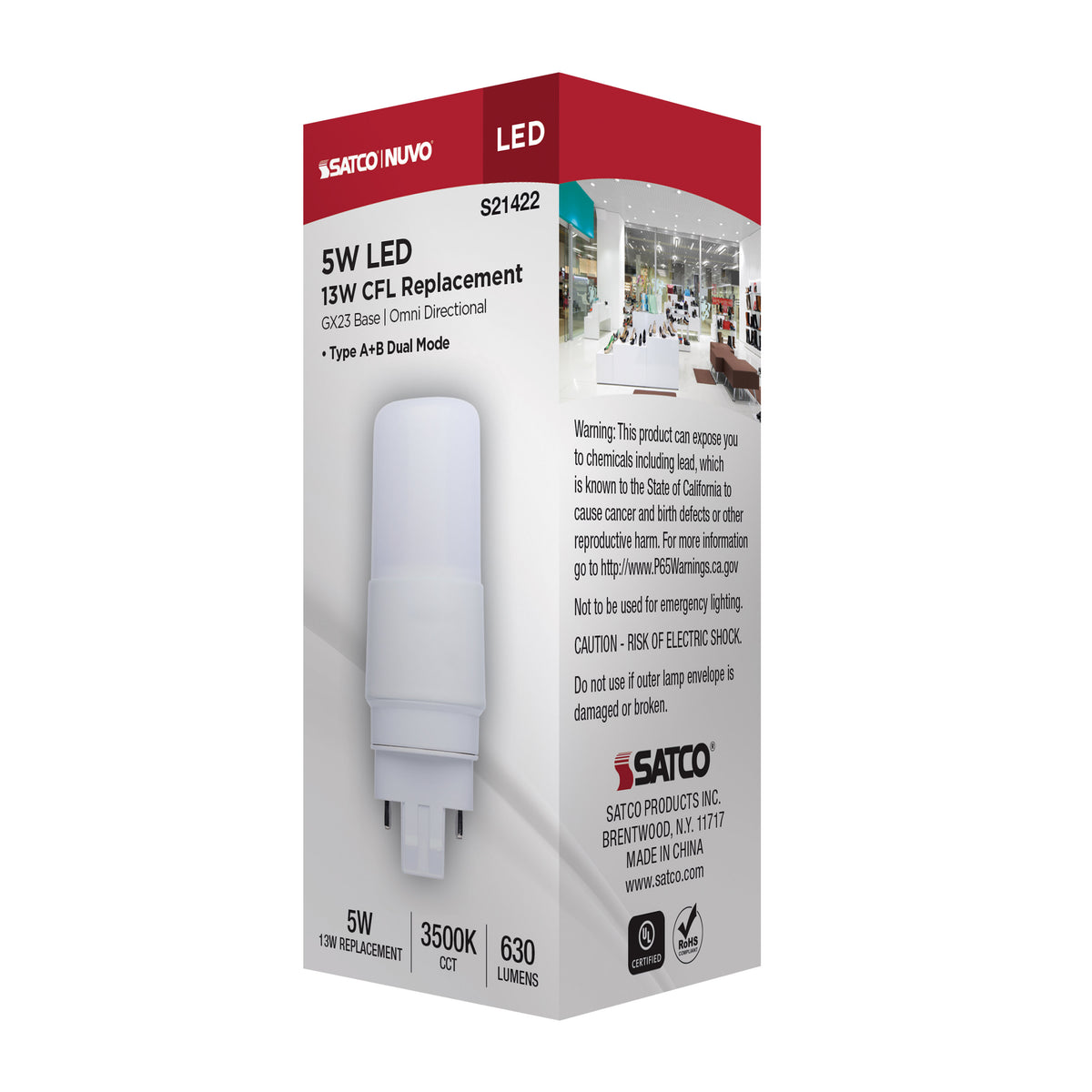 5 Watt - PL LED - GX23 Base - Frost Finish - Type A/B Dual Ballast - 3500K - 120-277 Range Voltage