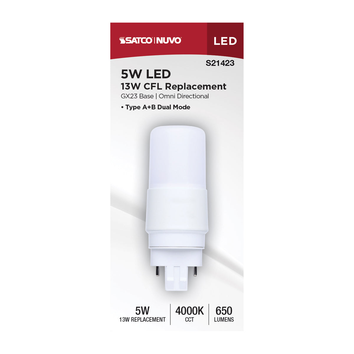 5 Watt - PL LED: GX23 Base - Frost Finish - Type A/B Dual Ballast - 4000K - 120-277 Range Voltage