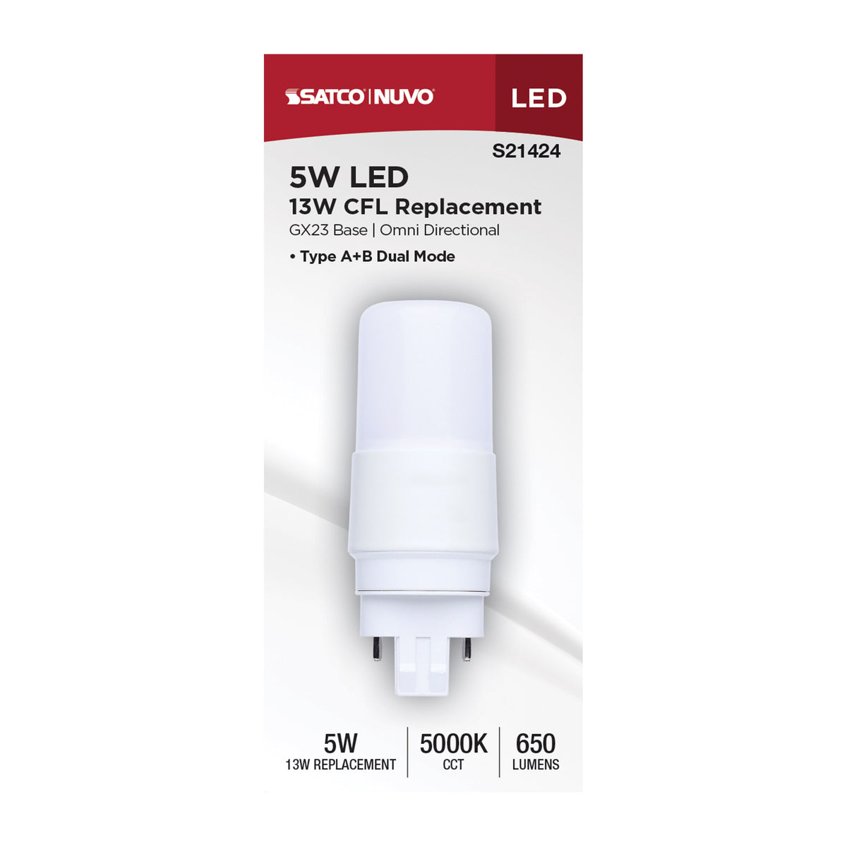 5 Watt - PL LED - GX23 Base - Frost Finish - Type A/B Dual Ballast - 5000K - 120-277 Range Voltage