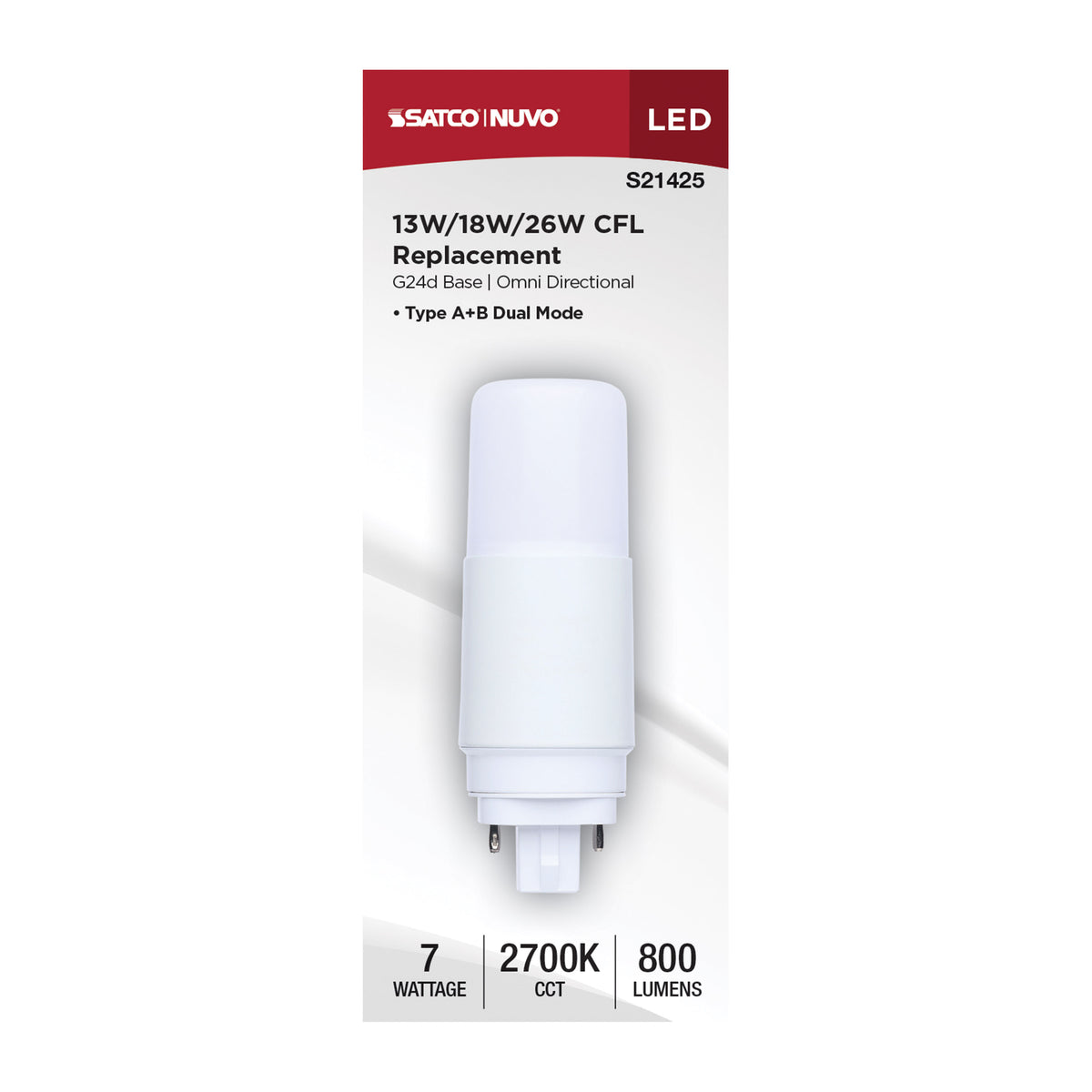 7 Watt - PL LED - G24D Base - Frost Finish - Type A/B Dual Ballast - 2700K - 120-277 Range Voltage
