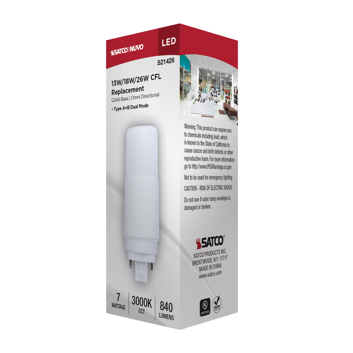 7 Watt - PL LED - G24D Base - Frost Finish - Type A/B Dual Ballast - 3000K - 120-277 Range Voltage