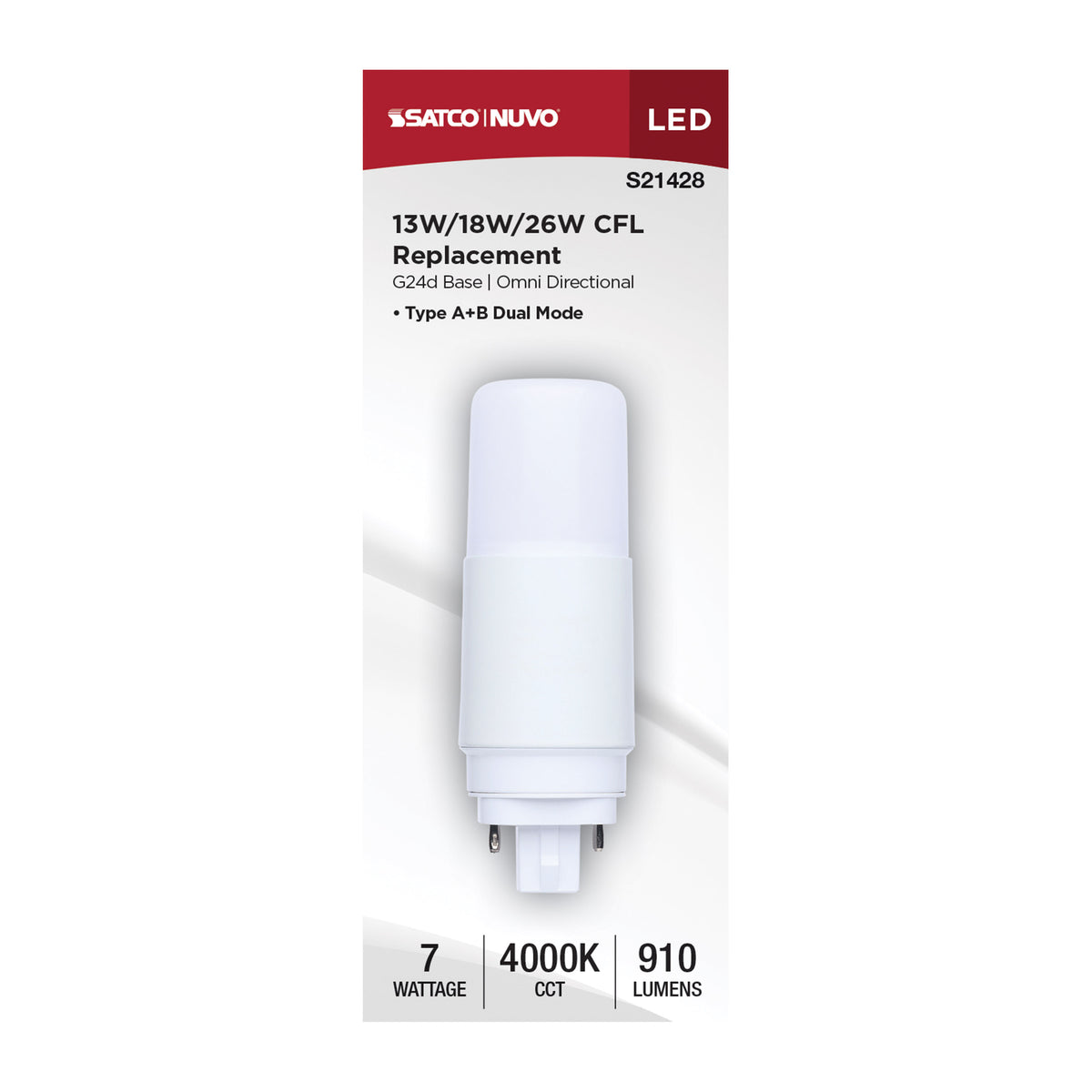 7 Watt - PL LED: G24D Base - Frost Finish - Type A/B Dual Ballast - 4000K - 120-277 Range Voltage