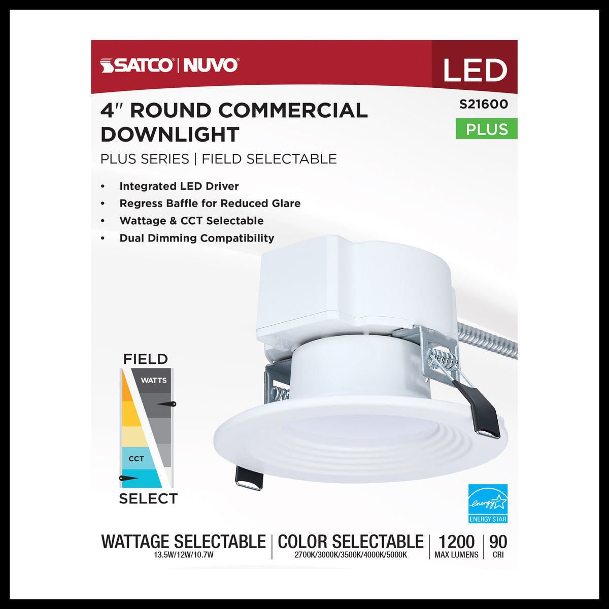 Plus Series Commercial LED Downlight - 4 Inch Round - 13.5W/12W/10.7W Wattage Selectable - 2700K/3000K/3500K/4000K/5000K CCT Selectable - 120-347 Volt - Dual Dimming - Color trim accessories available