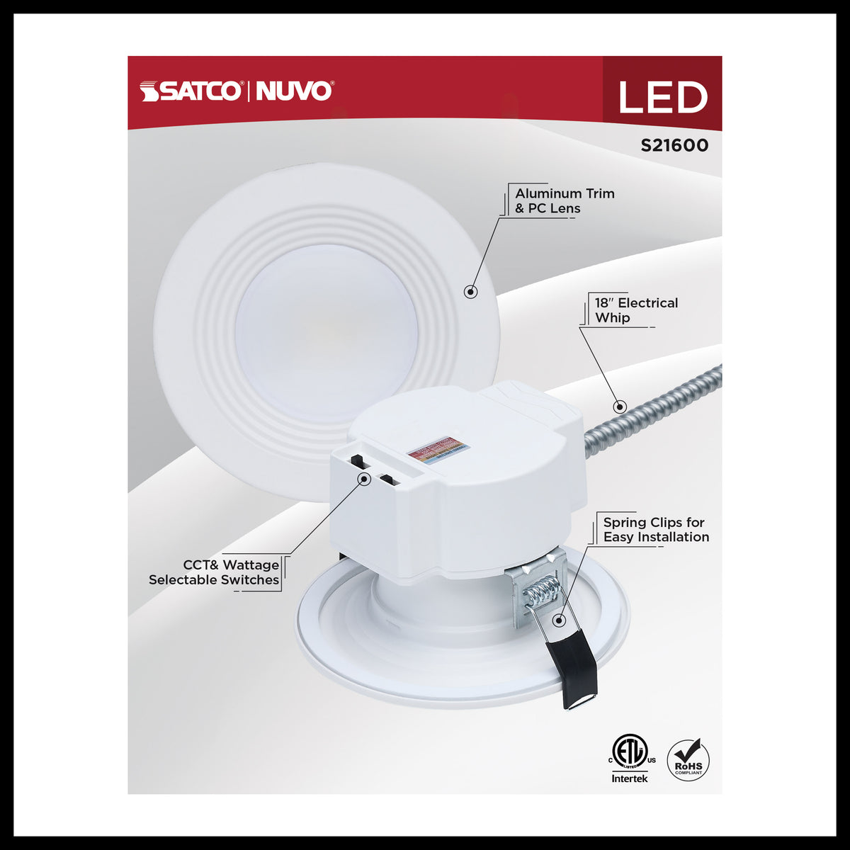 Plus Series Commercial LED Downlight - 4 Inch Round - 13.5W/12W/10.7W Wattage Selectable - 2700K/3000K/3500K/4000K/5000K CCT Selectable - 120-347 Volt - Dual Dimming - Color trim accessories available