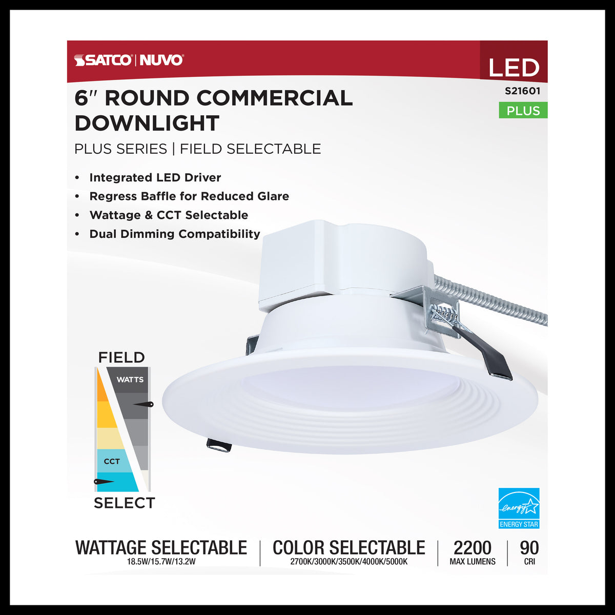 Plus Series Commercial LED Downlight - 6 Inch Round - 18.5W/15.7W/13.2W Wattage Selectable - 2700K/3000K/3500K/4000K/5000K CCT Selectable - 120-347 Volt - Dual Dimming - Color trim accessories available