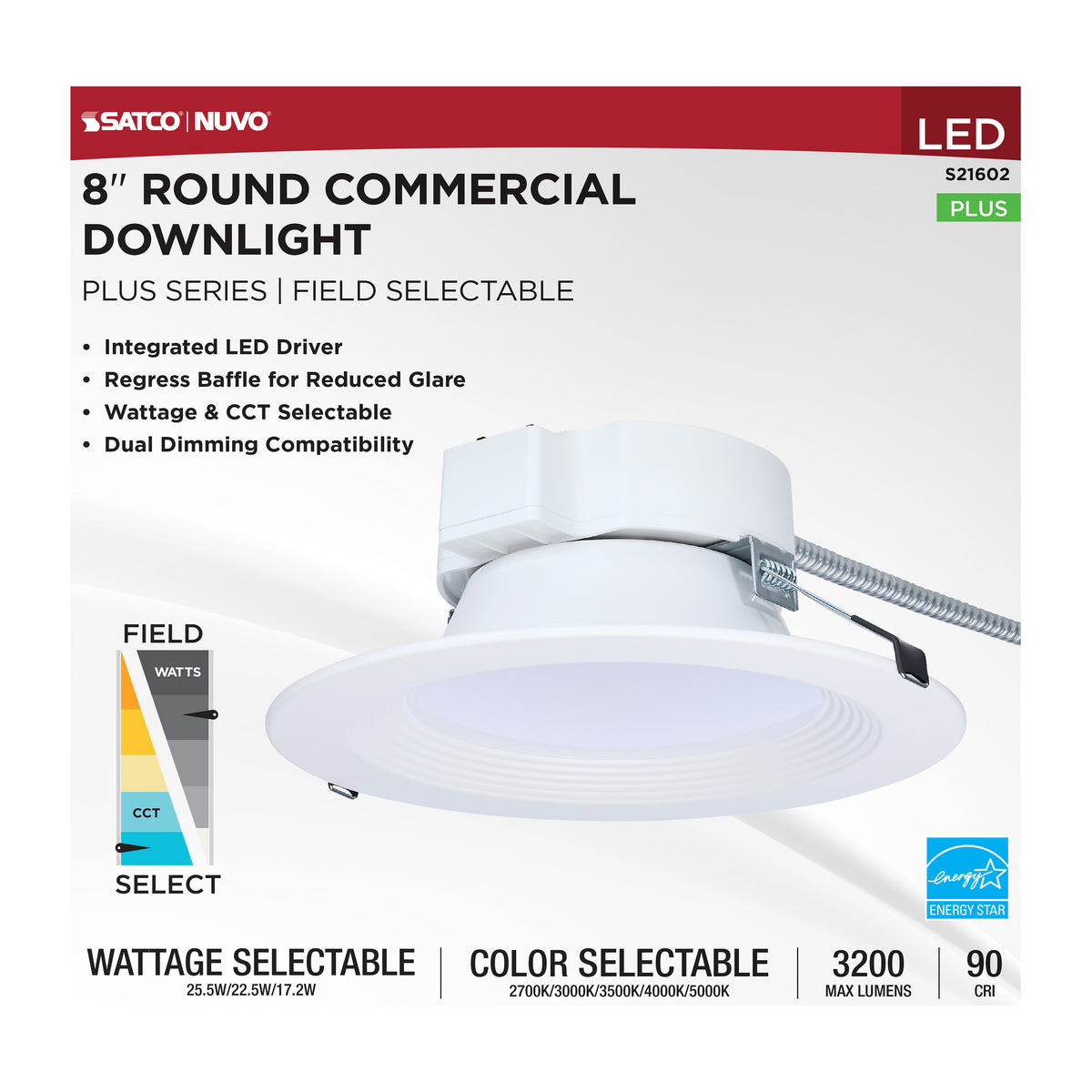 Plus Series Commercial LED Downlight - 8 Inch Round - 25.5W/22.5W/17.2W Wattage Selectable - 2700K/3000K/3500K/4000K/5000K CCT Selectable - 120-347 Volt - Dual Dimming - Color trim accessories available