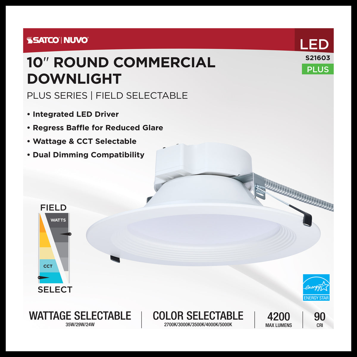 Plus Series Commercial LED Downlight - 10 Inch Round - 35W/29W/24W Wattage Selectable - 2700K/3000K/3500K/4000K/5000K CCT Selectable - 120-277 Volt - Dual Dimming - Color trim accessories available