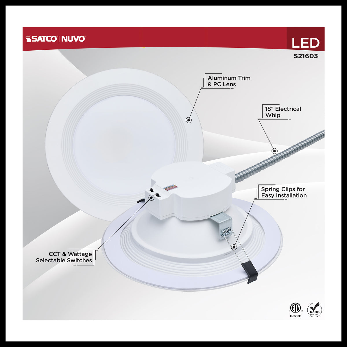 Plus Series Commercial LED Downlight - 10 Inch Round - 35W/29W/24W Wattage Selectable - 2700K/3000K/3500K/4000K/5000K CCT Selectable - 120-277 Volt - Dual Dimming - Color trim accessories available