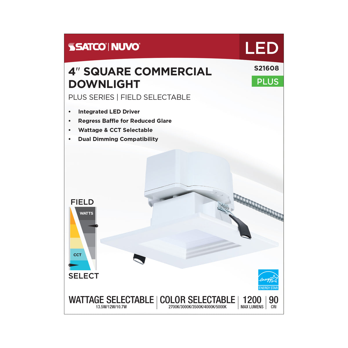 Plus Series Commercial LED Downlight - 4 Inch Square - 13.5W/12W/10.7W Wattage Selectable - 2700K/3000K/3500K/4000K/5000K CCT Selectable - 120-347 Volt - Dual Dimming - Color trim accessories available