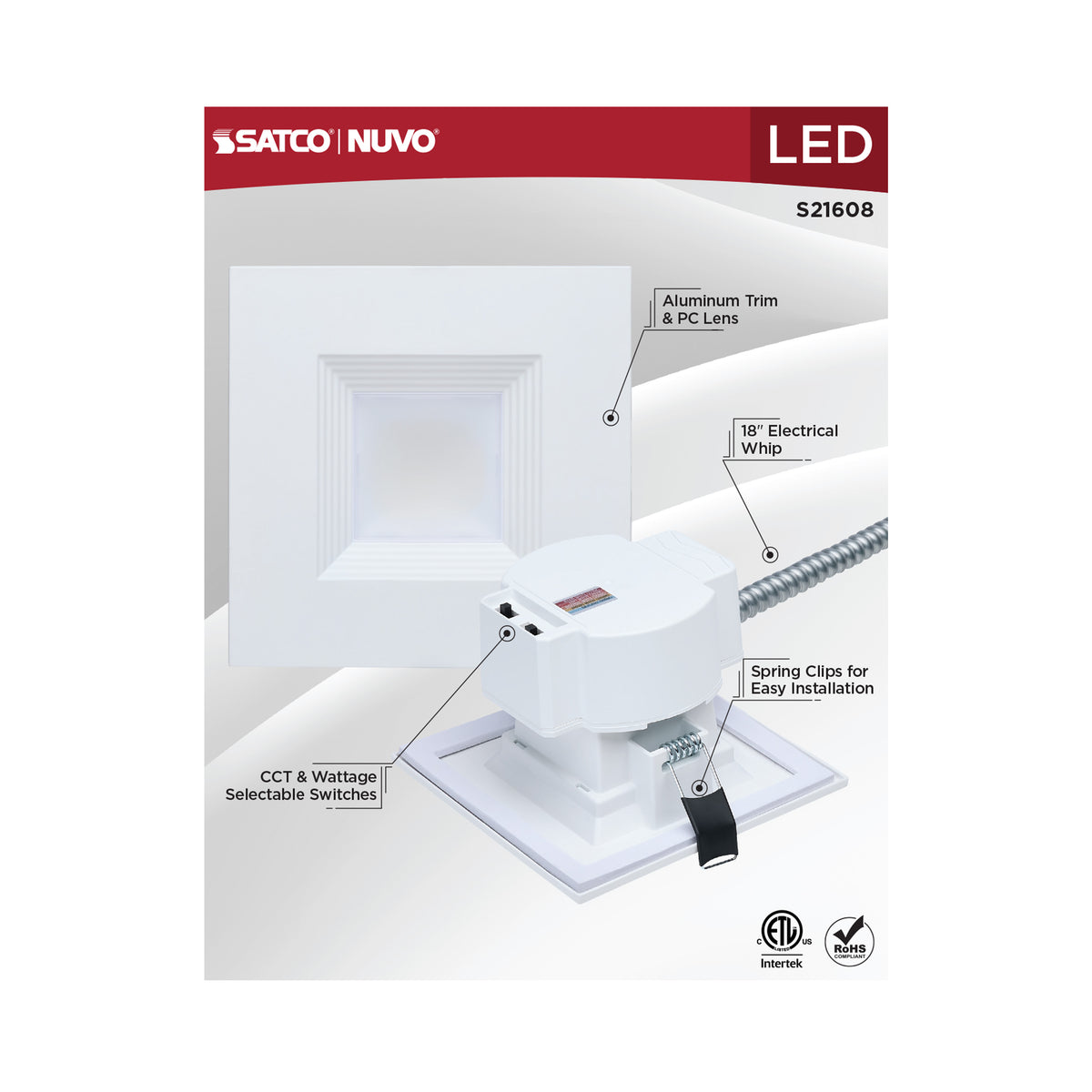 Plus Series Commercial LED Downlight - 4 Inch Square - 13.5W/12W/10.7W Wattage Selectable - 2700K/3000K/3500K/4000K/5000K CCT Selectable - 120-347 Volt - Dual Dimming - Color trim accessories available