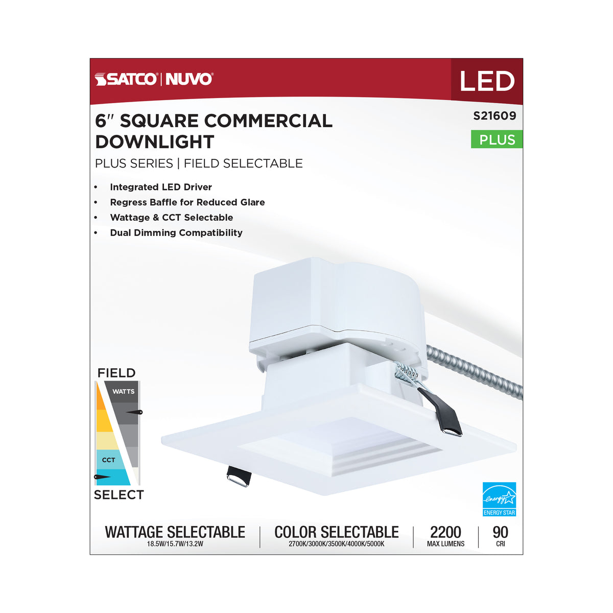 Plus Series Commercial LED Downlight - 6 Inch Square - 18.5W/15.7W/13.2W Wattage Selectable - 2700K/3000K/3500K/4000K/5000K CCT Selectable - 120-347 Volt - Dual Dimming - Color trim accessories available