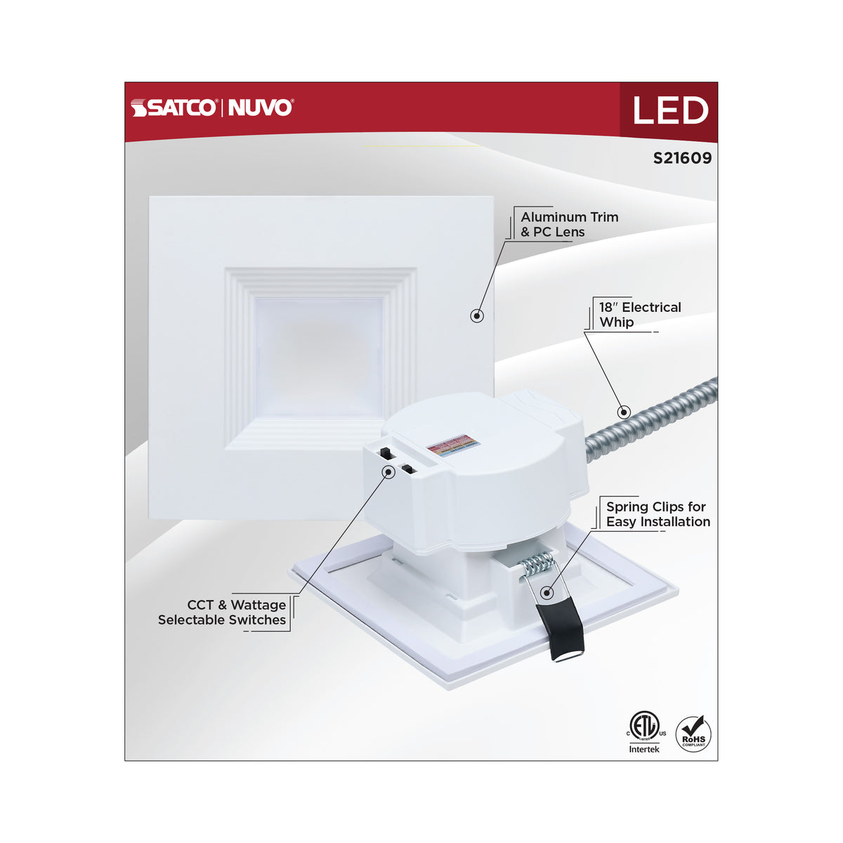 Plus Series Commercial LED Downlight - 6 Inch Square - 18.5W/15.7W/13.2W Wattage Selectable - 2700K/3000K/3500K/4000K/5000K CCT Selectable - 120-347 Volt - Dual Dimming - Color trim accessories available