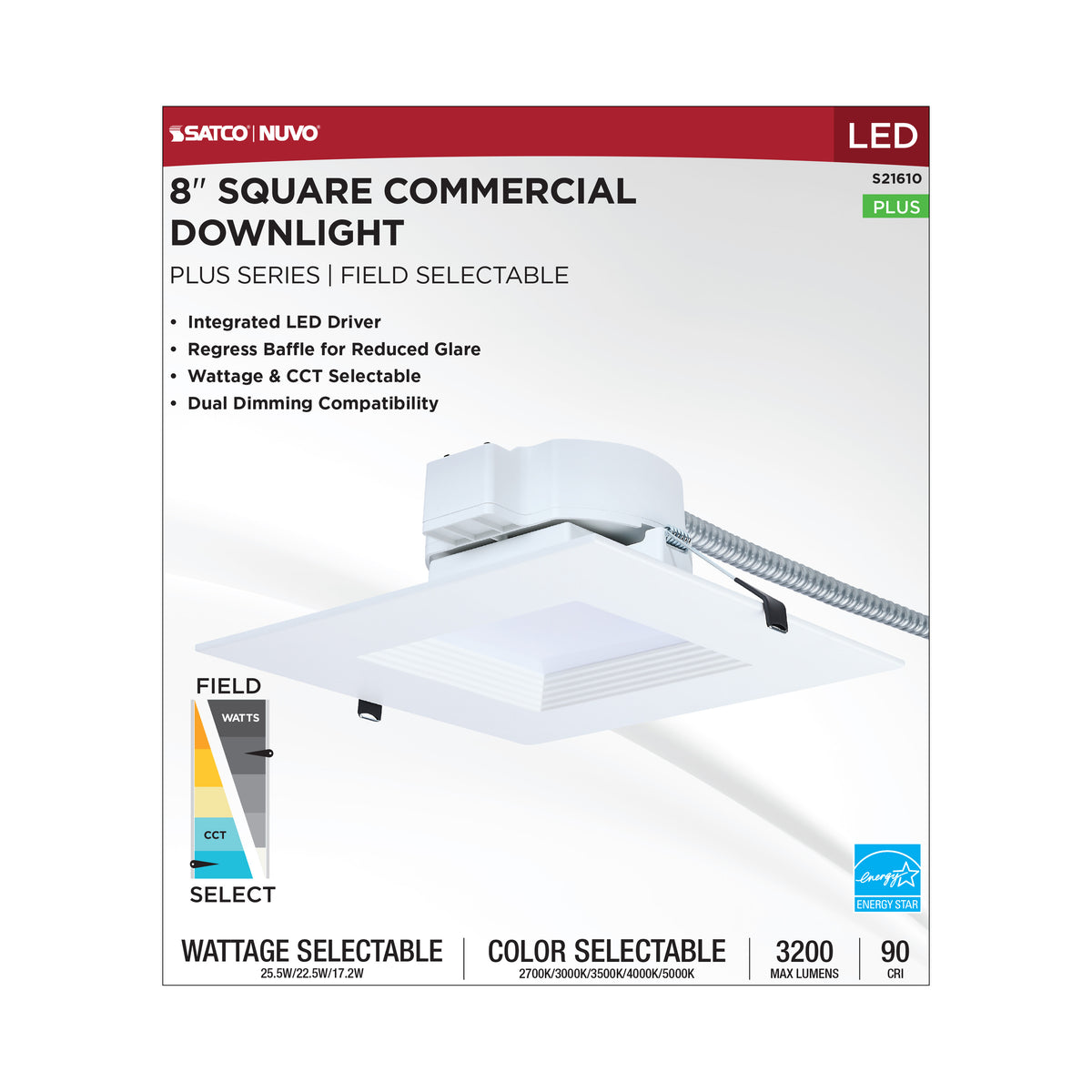 Plus Series Commercial LED Downlight - 8 Inch Square - 25.5W/22.5W/17.2W Wattage Selectable - 2700K/3000K/3500K/4000K/5000K CCT Selectable - 120-347 Volt - Dual Dimming - Color trim accessories available