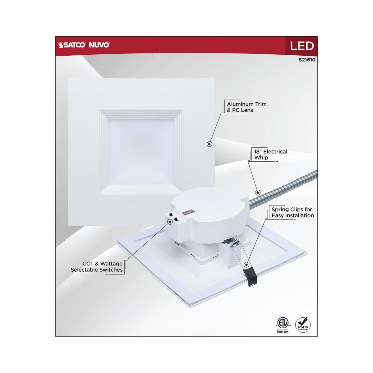 Plus Series Commercial LED Downlight - 8 Inch Square - 25.5W/22.5W/17.2W Wattage Selectable - 2700K/3000K/3500K/4000K/5000K CCT Selectable - 120-347 Volt - Dual Dimming - Color trim accessories available