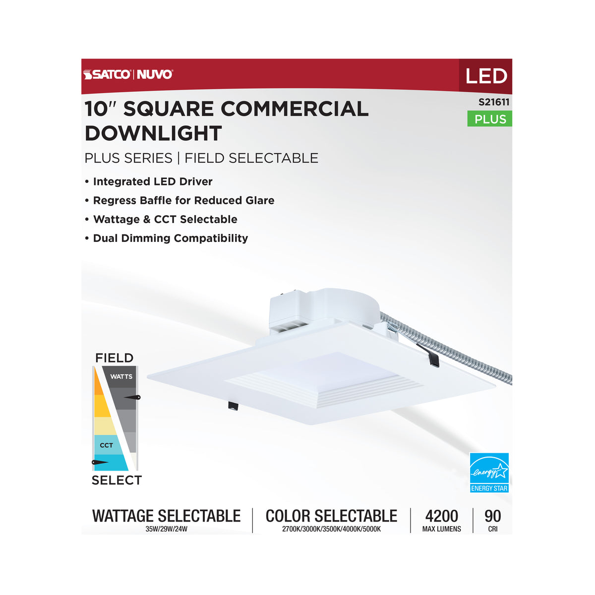 Plus Series Commercial LED Downlight - 10 Inch Square - 35W/29W/24W Wattage Selectable - 2700K/3000K/3500K/4000K/5000K CCT Selectable - 120-277 Volt - Dual Dimming - Color trim accessories available