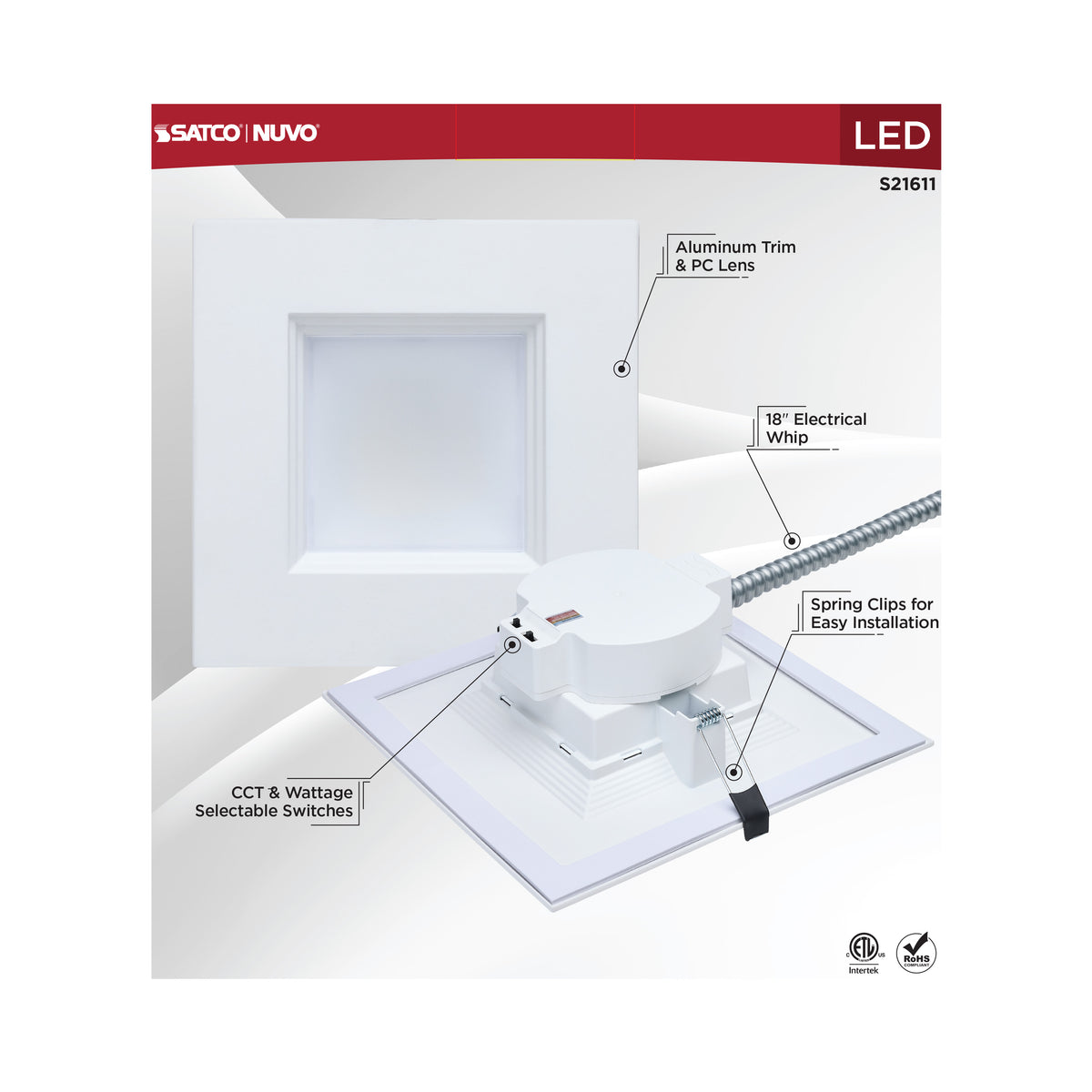 Plus Series Commercial LED Downlight - 10 Inch Square - 35W/29W/24W Wattage Selectable - 2700K/3000K/3500K/4000K/5000K CCT Selectable - 120-277 Volt - Dual Dimming - Color trim accessories available