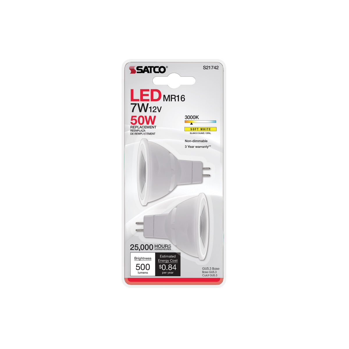 7 Watt MR16 LED - GU5.3 base - 3000K - 12 Volt - 40 deg. Beam Angle - 2-Card