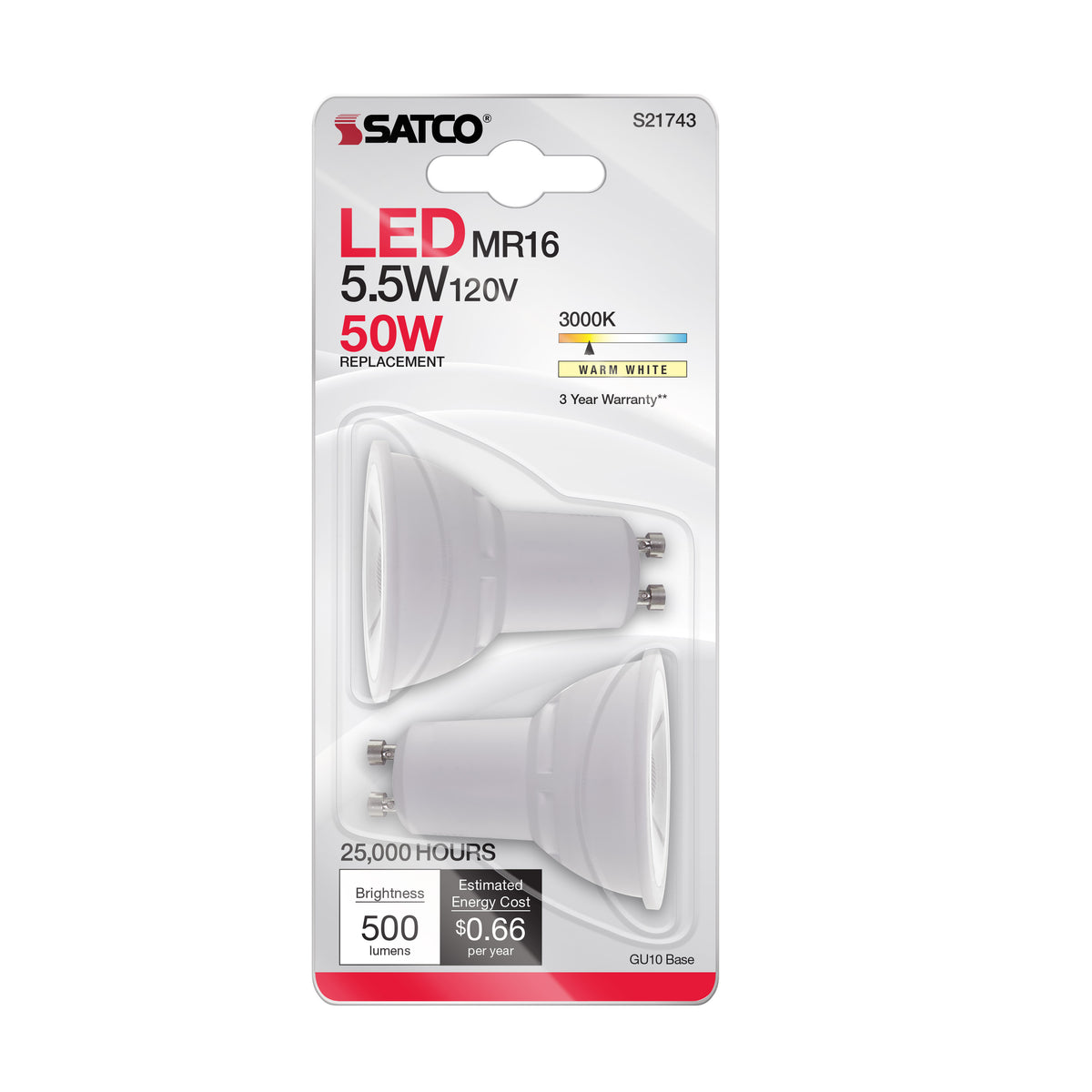 5.5 Watt MR16 LED - GU10 base - 3000K - 120 Volt - 40 deg. Beam Angle - 2-Card