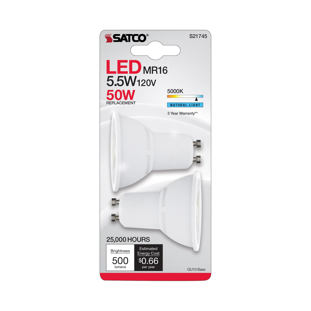 5.5 Watt MR16 LED - GU10 Base - 5000K - 120 Volt - 40 Deg. Beam Angle - 2-Card