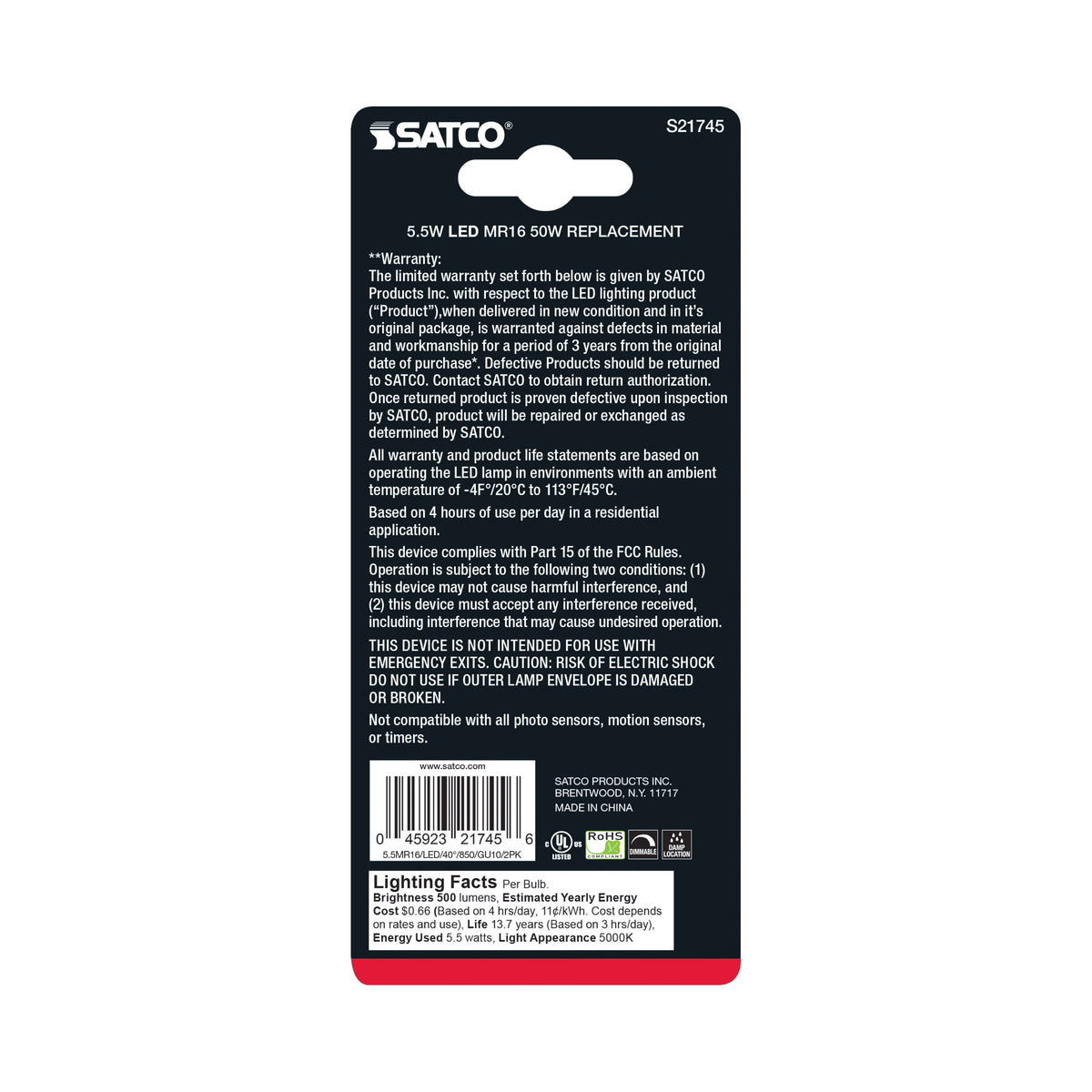 5.5 Watt MR16 LED - GU10 Base - 5000K - 120 Volt - 40 Deg. Beam Angle - 2-Card