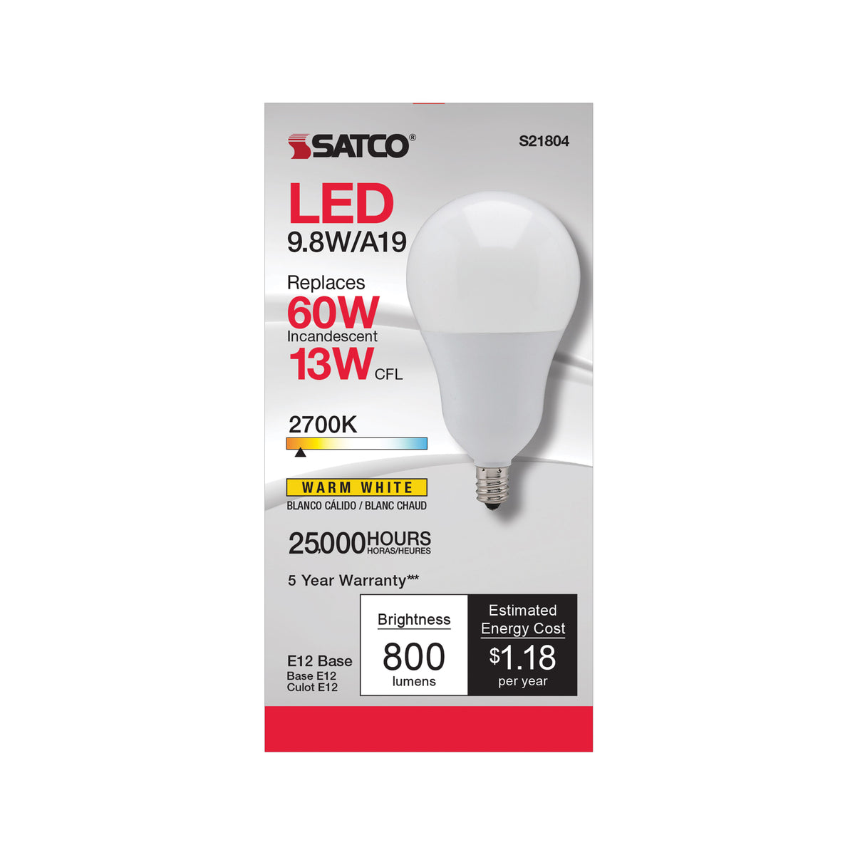 9.8 Watt - A19 LED - 2700K - Candelabra base - 220 deg. Beam Angle - 120 Volt