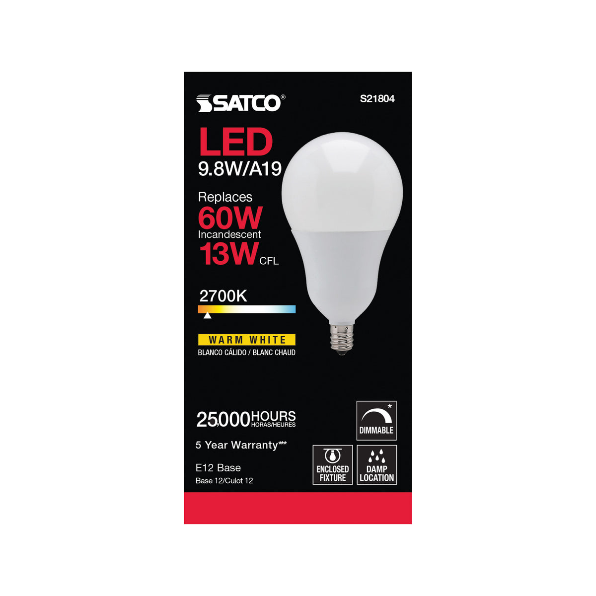 9.8 Watt - A19 LED - 2700K - Candelabra base - 220 deg. Beam Angle - 120 Volt