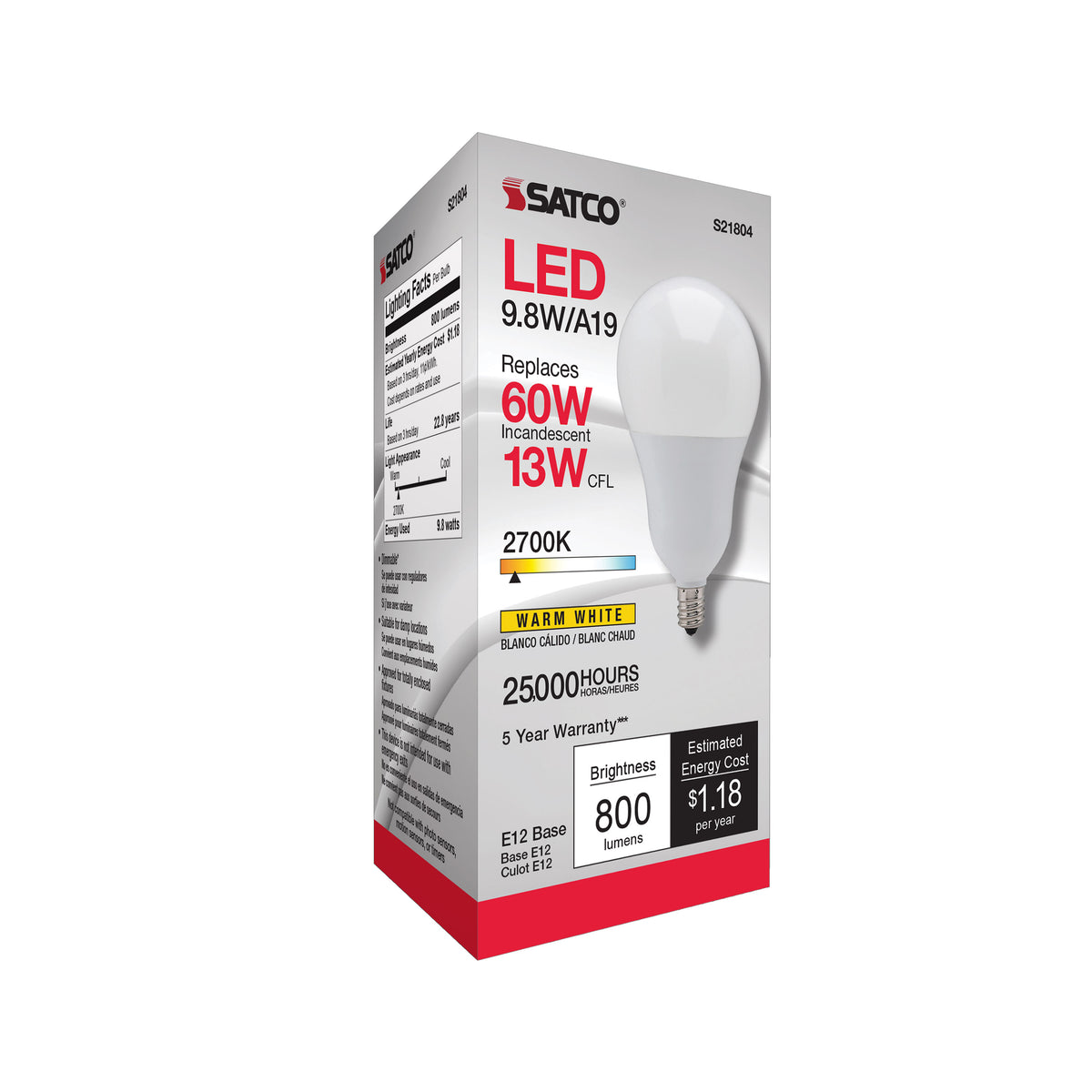9.8 Watt - A19 LED - 2700K - Candelabra base - 220 deg. Beam Angle - 120 Volt