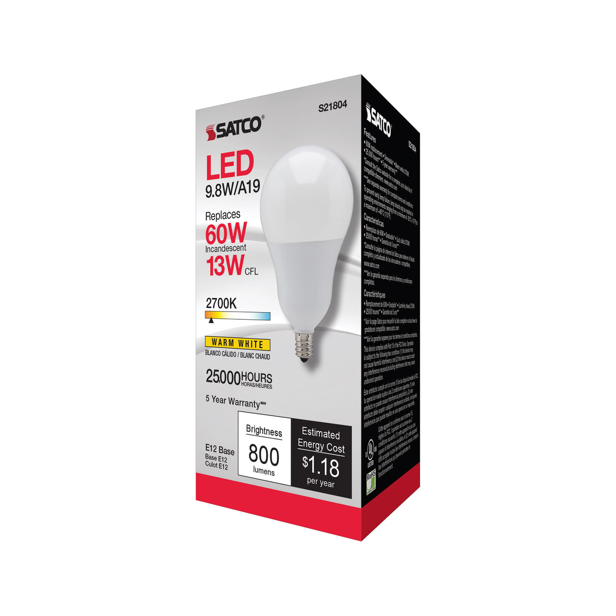 9.8 Watt - A19 LED - 2700K - Candelabra base - 220 deg. Beam Angle - 120 Volt