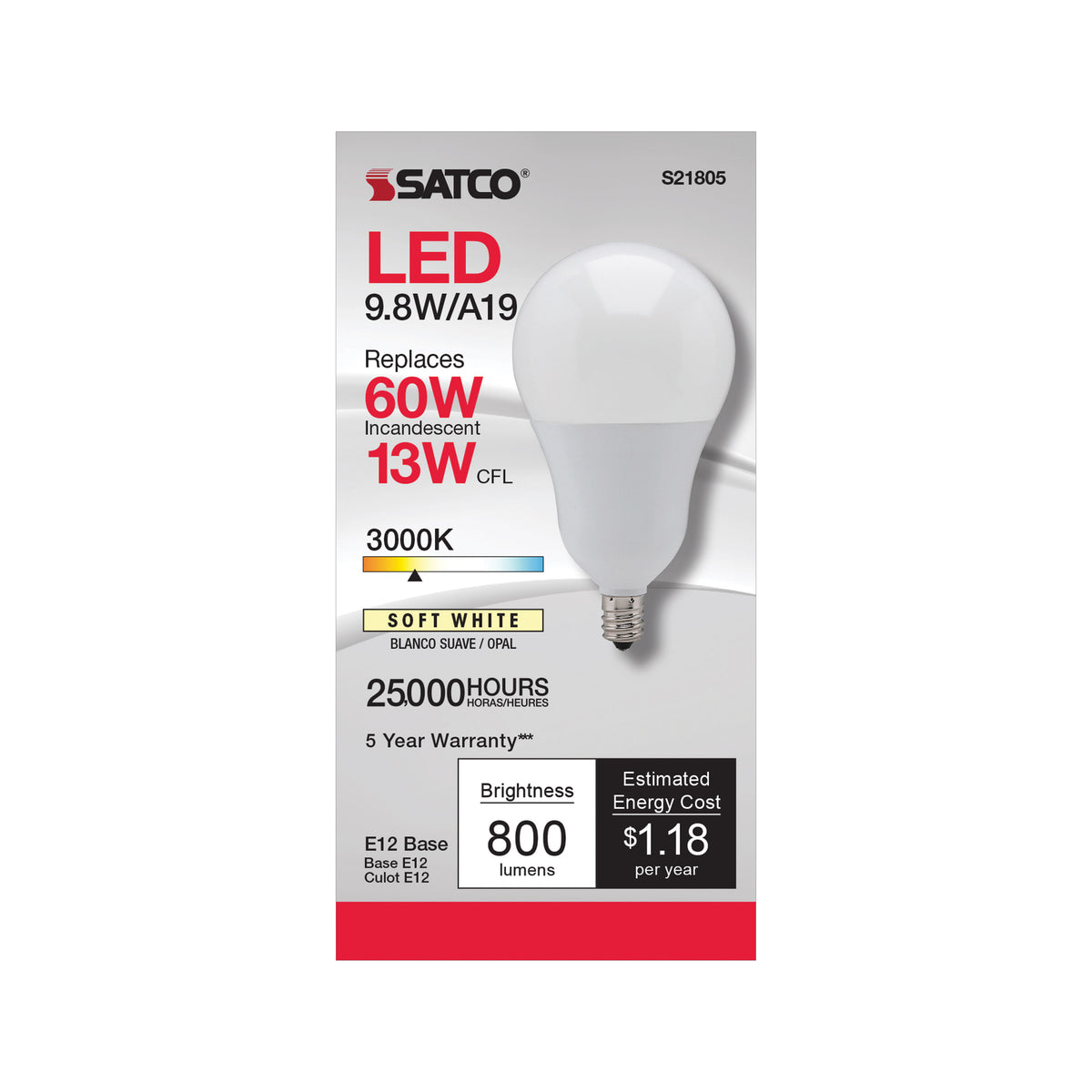 9.8 Watt - A19 LED - 3000K - Candelabra base - 220 deg. Beam Angle - 120 Volt